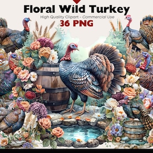 Ensemble floral de cliparts dindon sauvage automne aquarelle oiseau Png en téléchargement numérique Floral dinde de Thanksgiving artisanat en papier automne Png Scrapbooking
