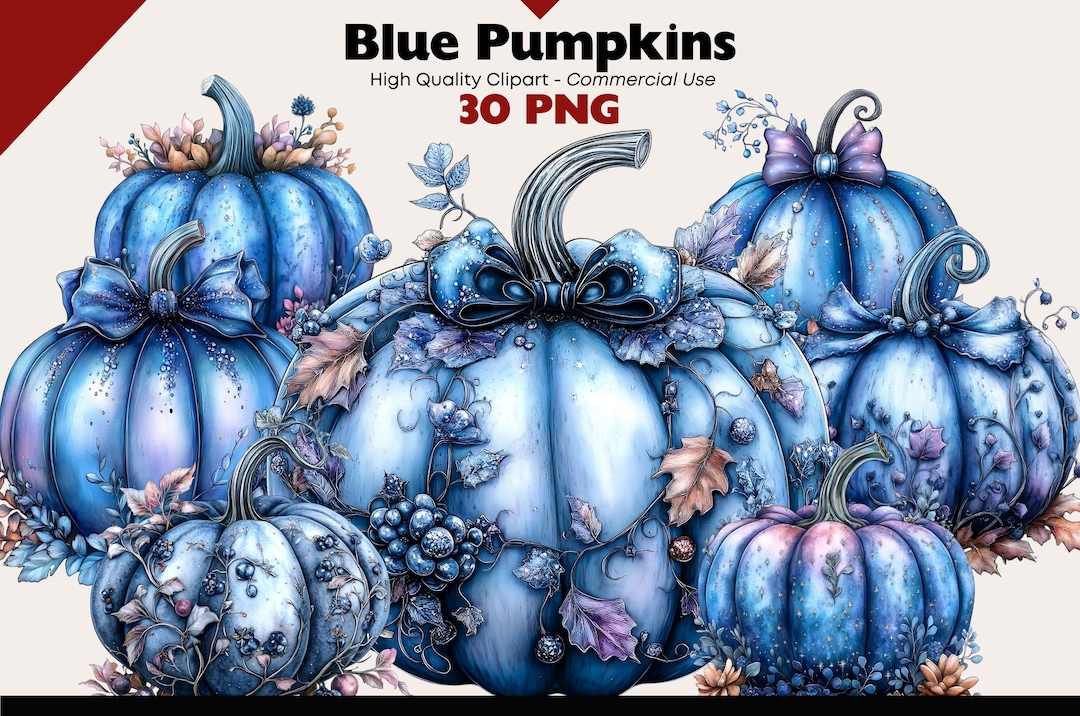 Blue Pumpkins Clipart Bundle Autumn Watercolor Png Pumpkin and Leaves ...