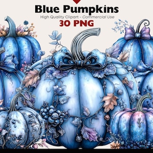 Blue Pumpkins Clipart Bundle Autumn Watercolor Png Pumpkin and Leaves Graphics Digital Download Blue Fall Paper Crafts Scrapbooking