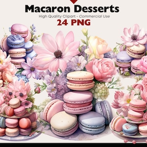 Watercolor Macaron Clipart Bundle, Dessert PNG, Chocolate Macaron Images, Pink Floral Dessert, High Quality Graphics, Scrapbooking,