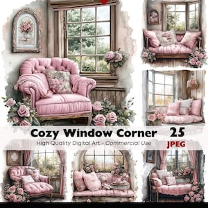 Shabby Chic Interior JPEG Clipart Commercial Use Vintage Window Graphics Digital Download Watercolor Paper Crafts Junk Journal Scrapbooking