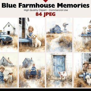 May include: A collection of watercolor illustrations titled "Blue Farmhouse Memories." The images depict rural scenes with children, animals, and farm buildings. The color palette includes blues, browns, and whites, creating a nostalgic, vintage aesthetic. The text "84 JPEG" is visible.