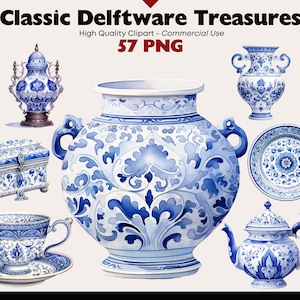 Paquete clásico de imágenes prediseñadas de Delftware, ilustraciones PNG de cerámica holandesa de acuarela, digitales de porcelana vintage, cerámica tradicional de estilo Delft
