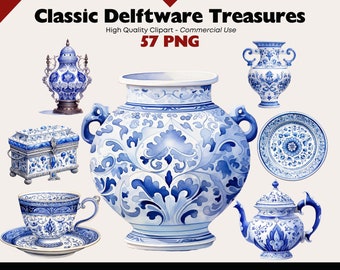 Classic Delftware Clipart Bundle, Watercolor Dutch Ceramic PNG Illustrations, Vintage Porcelain Digitals, Traditional Delft Style Pottery