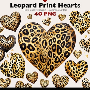 May include: A set of 40 digital clipart images of leopard print hearts in various sizes. The hearts are gold and black with a leopard print pattern. The images are ideal for crafting, scrapbooking, and other creative projects.