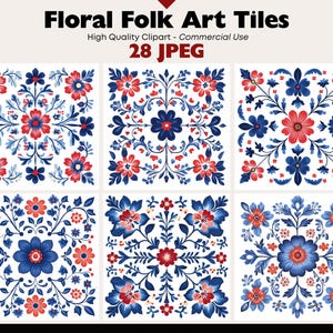 May include: Floral Folk Art Tiles in a grid pattern. Each tile features a floral design in red and blue on a white background. The text at the top reads "Floral Folk Art Tiles" and "High Quality Clipart - Commercial Use 28 JPEG".