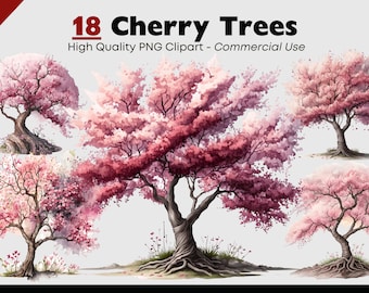 Cherry Tree Clipart, High Quality Tree PNG, Watercolor Tree Graphics, Instant Download Cherry Blossom PNG, Pink Tree Digital Graphics
