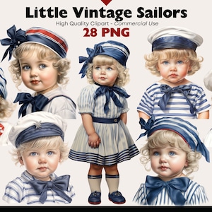 Clipart marinaio vintage, PNG acquerello ragazzo marino vittoriano, adorabili bambini nautici, clipart ragazza marine vintage, ragazza marinaio