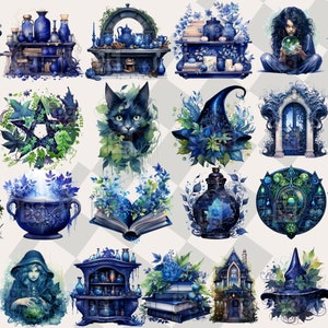 May include: A collection of digital illustrations featuring a witch, a black cat, a cauldron, a potion bottle, a book, a pentagram, a witch's hat, a window, and a skull. The illustrations are in a blue and green color scheme and have a whimsical, magical feel.