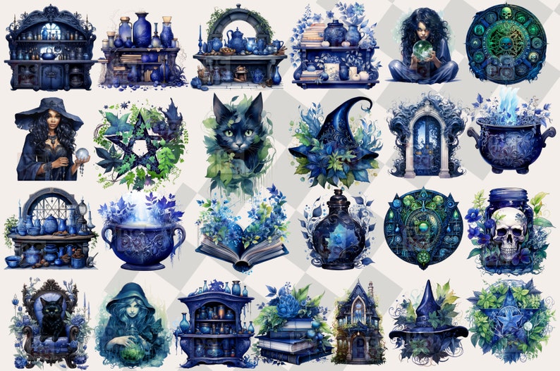 May include: A collection of digital illustrations featuring a witch, a black cat, a cauldron, a potion bottle, a book, a pentagram, a witch's hat, a window, and a skull. The illustrations are in a blue and green color scheme and have a whimsical, magical feel.