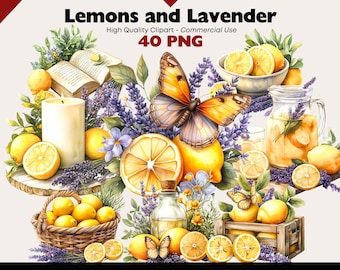 Lemons and Lavender Clipart PNG, Lemon Botanical Illustration, Lavender Flowers, Cottagecore Farmhouse Art, Commercial Use