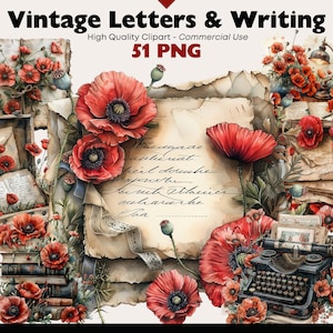 Blumen Vintage Briefe Clipart Bundle, Vintage Ephemera Briefpapier, alte Bücher PNG Printable, rote Mohnblumen Digitaler Download