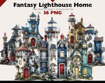 Paquete de imágenes prediseñadas de faro de fantasía, acuarela rústica para el hogar, imprimible costero, descarga digital de faro, faro PNG