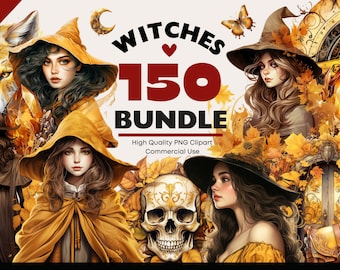Whimsical Witch Clipart Bundle, Witch PNG, Mystical Watercolor, Magic Witch Hat Graphics, Witch Paper Crafts, Witch Scrapbook, Witchy PNG