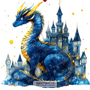 May include: Watercolor illustration of a blue dragon with gold accents, perched in front of a castle. The dragon has detailed scales and horns. The castle is a dark blue with lit windows. The image has the text "Digital Clipart HQ digitalcliparthq.etsy.com".