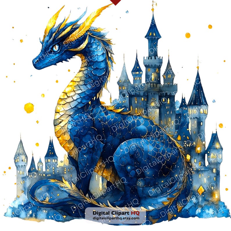 May include: Watercolor illustration of a blue dragon with gold accents, perched in front of a castle. The dragon has detailed scales and horns. The castle is a dark blue with lit windows. The image has the text "Digital Clipart HQ digitalcliparthq.etsy.com".