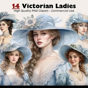 Paquete de imágenes prediseñadas de dama victoriana, acuarela de mujer vintage, sombrero victoriano PNG, vestido vintage, scrapbooking, diario basura de niña, uso comercial
