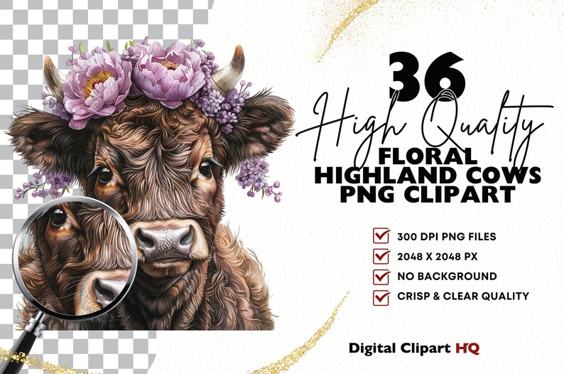 Floral Highland Cow Clipart Bundle, Whimsical Farm Animal Watercolor ...