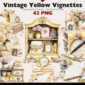 Puede incluir: Una colección de 42 viñetas amarillas vintage, con arreglos florales, libros, relojes y otros elementos decorativos. Clipart de alta calidad para uso comercial.