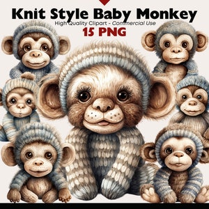 Clipart bébé singe pour chambre d'enfant – PNGs mignons d'animaux de la jungle pour baby shower, art mural et faire-part, créations en papier, scrapbooking