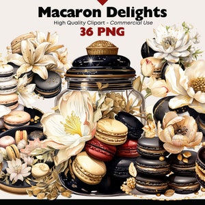 Macarons Clipart Bundle, Floral Macarons Dessert Watercolor Illustrations, Cookies in Jar PNG, Delicate Macaron Digital Download Graphics