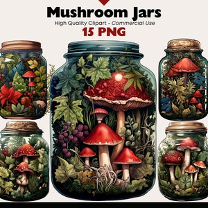 May include: A set of 15 digital illustrations of glass jars filled with mushrooms, leaves, and berries. The jars are transparent and show the contents inside. The mushrooms are red and white with white spots. The leaves are green and brown. The berries are purple and red.