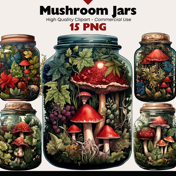 Magic Forest Mushroom Jar Clipart Bundle, Magical Mushrooms Watercolor, Woodland PNG, Whimsical Mushroom PNG, Red Mushroom Digital Download