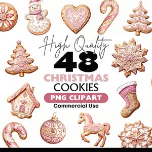 Christmas Cookies Clipart, 48 PNG Pink Gingerbread Cookie Illustrations, Holiday Cookie Clip Art Bundle, Instant Download Paper Crafts