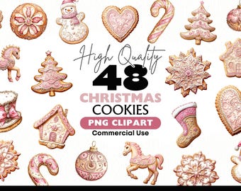 クリスマスクッキーのクリップアート、48枚のPNGピンクジンジャーブレッドクッキーイラスト、ホリデークッキーのクリップアートバンドル、すぐにダウンロードできるペーパークラフト