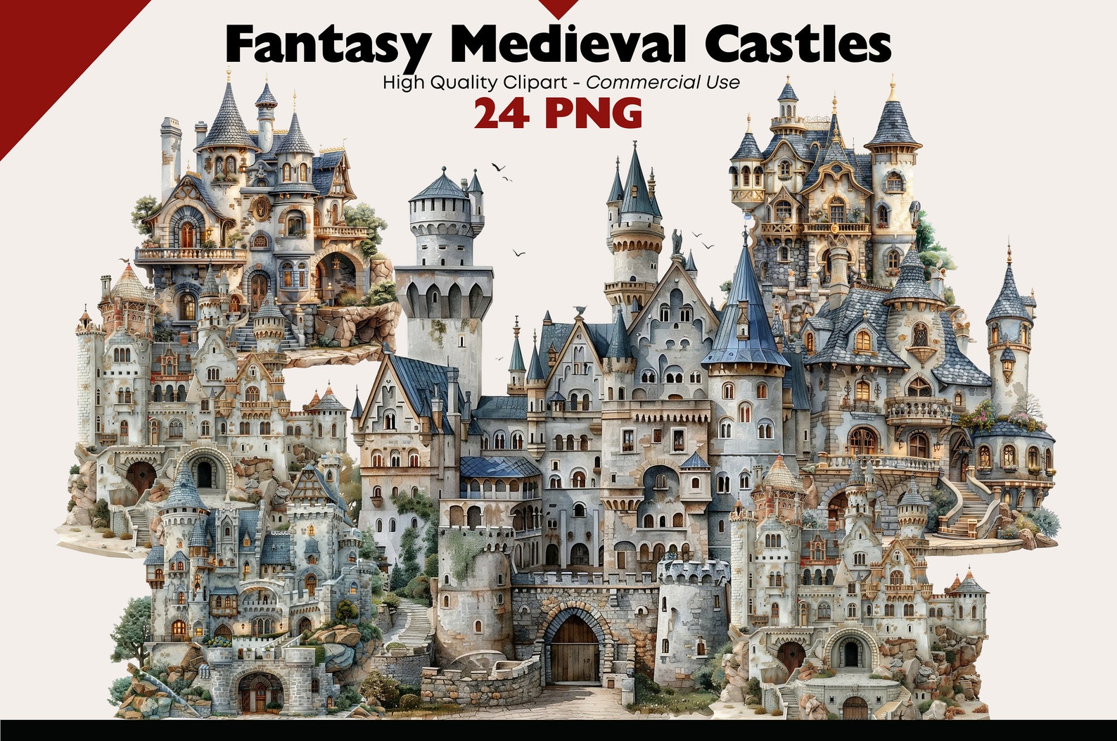 Fantasy Medieval Castles Clipart Bundle, Ancient Fortresses Graphics ...