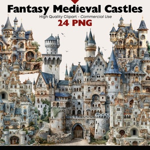 ファンタジー中世の城のクリップアート バンドル、古代の要塞のグラフィック、おとぎ話の城の PNG、スクラップブック、デジタル ダウンロード、ジャンク ジャーナル