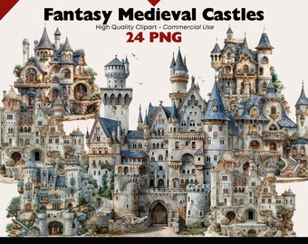 Fantasy Medieval Castles Clipart Bundle, Ancient Fortresses Graphics, Fairy Tale Castle Png, Scrapbooking, Digital Download, Junk Journal