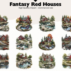 May include: Watercolor illustrations of fantasy red houses with surrounding trees, rocks, and water features. The text at the top reads "Fantasy Red Houses" and "High Quality Clipart - Commercial Use". The houses are in various settings.