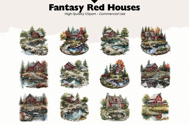 May include: Watercolor illustrations of fantasy red houses with surrounding trees, rocks, and water features. The text at the top reads "Fantasy Red Houses" and "High Quality Clipart - Commercial Use". The houses are in various settings.