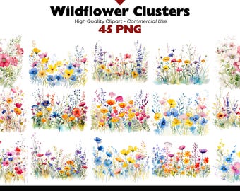 Watercolor Wildflower PNG Clipart Bundle, Meadow Flowers, Spring Wildflowers, Floral Border Arrangements, Commercial Use, Digital Download