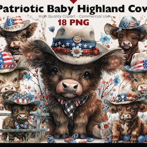 American Highland Cow Clipart, Patriotic Clipart, Watercolor USA Highland Cow, American Cow Png Digital Download, Junk Journal, Paper Crafts