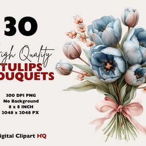 May include: A bouquet of 30 high-quality blue and pink tulips with a pink ribbon. The tulips are arranged in a loose, natural style. The image is 8 inches by 8 inches and 2048 pixels by 2048 pixels.