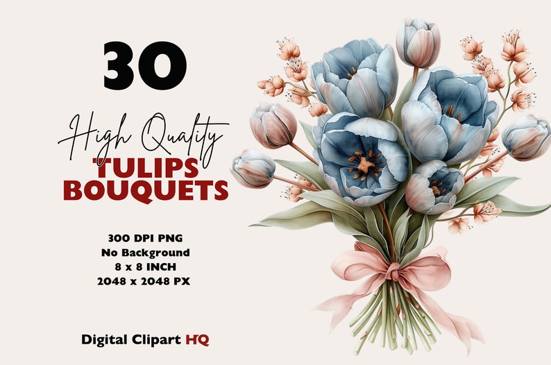 May include: A bouquet of 30 high-quality blue and pink tulips with a pink ribbon. The tulips are arranged in a loose, natural style. The image is 8 inches by 8 inches and 2048 pixels by 2048 pixels.