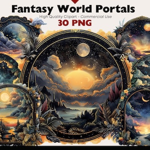 May include: A set of 30 digital illustrations of fantasy world portals. Each portal is framed in gold and features a night sky with stars, clouds, and a moon or sun. The portals are surrounded by lush greenery.
