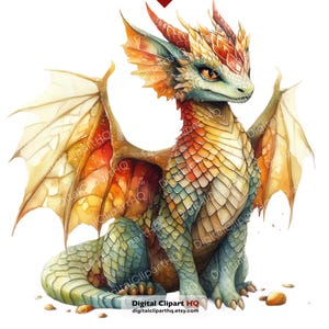 May include: Watercolor illustration of a friendly dragon with a colorful scale pattern in shades of green, orange, and yellow. The dragon has large, detailed wings and is sitting on a white background. The image includes the text "Digital Clipart HQ" and a website address.