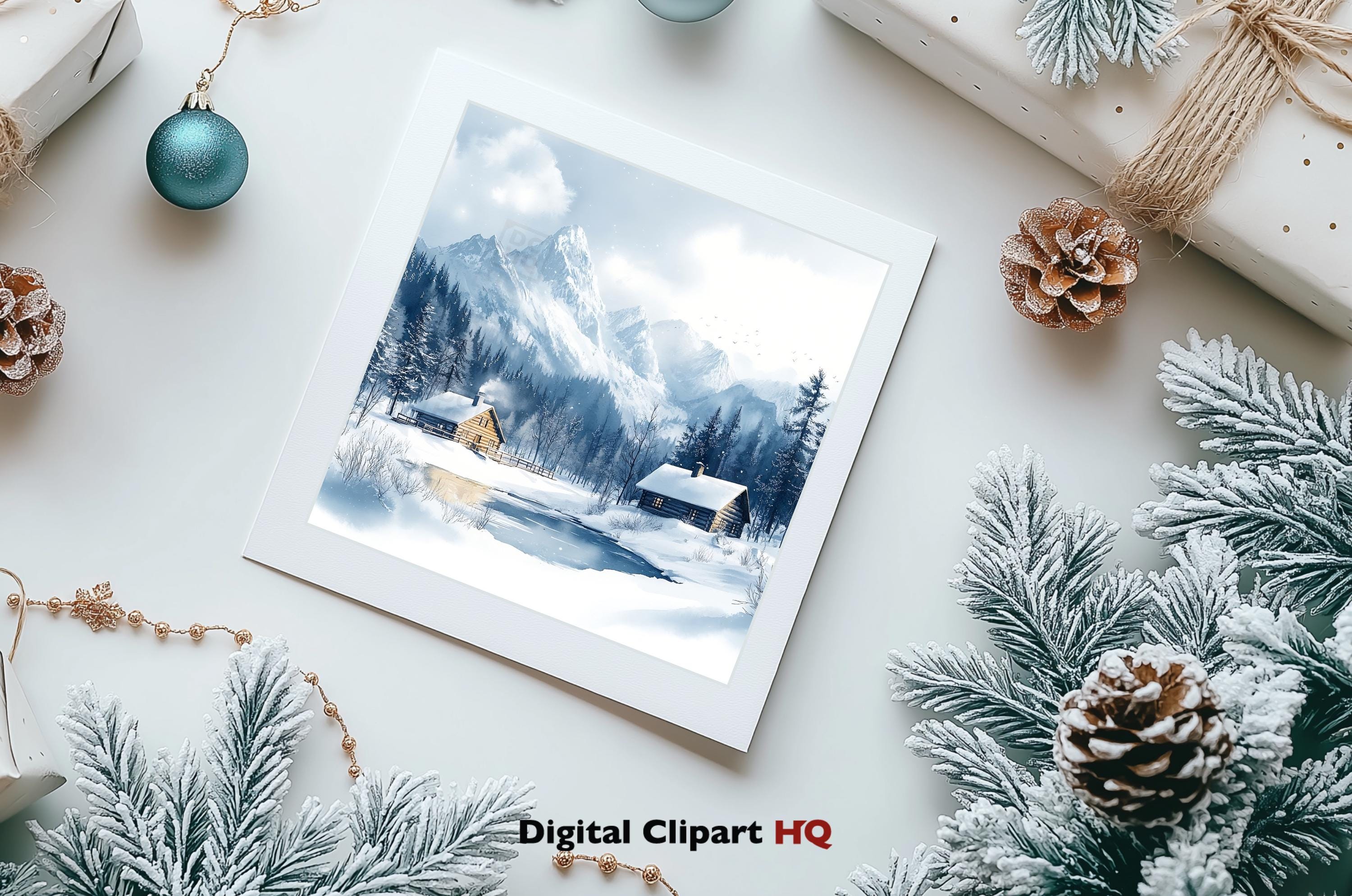 Winter Cabin Clipart Bundle Snowy Landscapes Graphics Digital Download ...