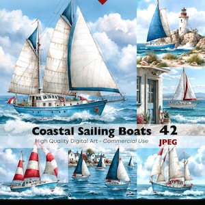 Könnte beinhalten: Eine digitale Kunstsammlung mit dem Titel Coastal Sailing Boats 42, die verschiedene Segelboote mit weißen, blauen und roten Segeln auf dem Ozean zeigt, einschließlich Szenen mit einem Leuchtturm, Küstengebäuden und blauem Himmel im JPEG-Format.