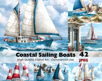 May include: A digital art collection titled Coastal Sailing Boats 42 featuring various sailboats with white, blue, and red sails on ocean waters, including scenes with a lighthouse, coastal buildings, and cloudy blue skies in a JPEG format.