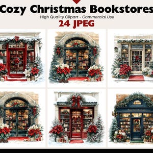 Christmas Bookstore JPEG Bundle Snowy Store Graphics Digital Download JPEG Holiday Art Watercolor Christmas Scenes Clipart Commercial Use