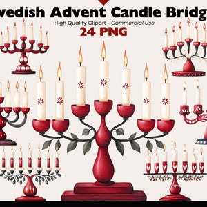 Szwedzkie mosty świec bożonarodzeniowych Clipart Bundle Akwarela Nordic Candlestick PNG Grafika świąteczna Adwentowy świecznik Cyfrowe pobieranie