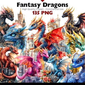 May include: A vibrant collection of fantasy dragon illustrations in shades of red, blue, pink, and green. The dragons are set against a backdrop of castles and roses. The text "Fantasy Dragons" and "135 PNG" are displayed at the top.