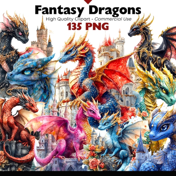 Fantasy Dragon Clipart, Printable Dragon PNG, Mythical Creatures, Fantasy Creature Commercial Use Instant Download Paper Crafts Junk Journal