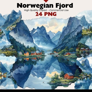 Pacchetto Clipart fiordo norvegese Paesaggio nordico Acquerello Vista montagna PNG Download digitale Artigianato di carta Paesaggio marino Scrapbooking