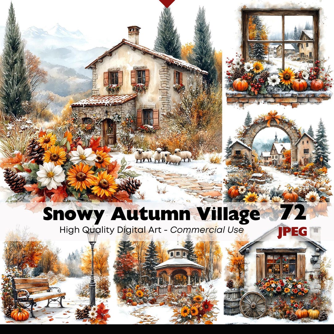 Snowy Autumn Village Clipart JPEG Fall Winter Scene Illustrations ...