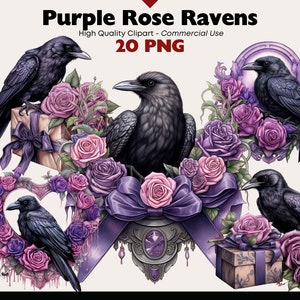 Lila Rose Rabe Clip Art, Rabe PNG, Corby PNG, schwarzer Vogel Clipart, Witchy Vogel Grafiken, Goth Vogel, Rabe Geschenkbox, Corbie Kranz PNG